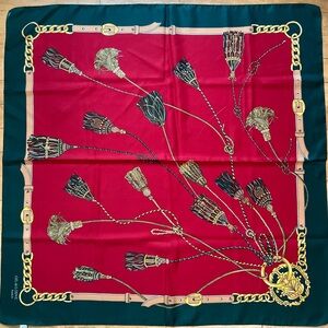 GIL De LOSNE Scarf Tassel Ropes Motifs Red Green Gold Made in Italy - 30”x30”